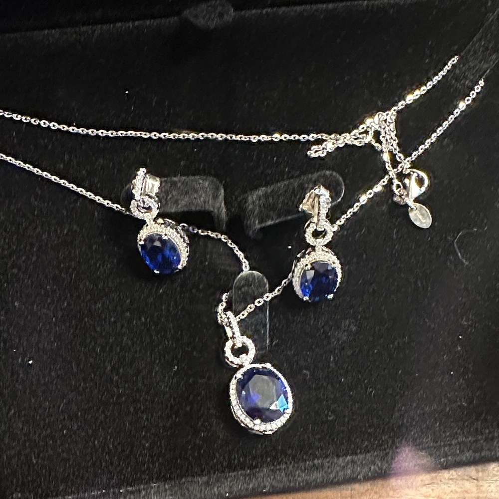 Silver S925 Berricle Necklace and Earring Set with Blue Oval Gemstones